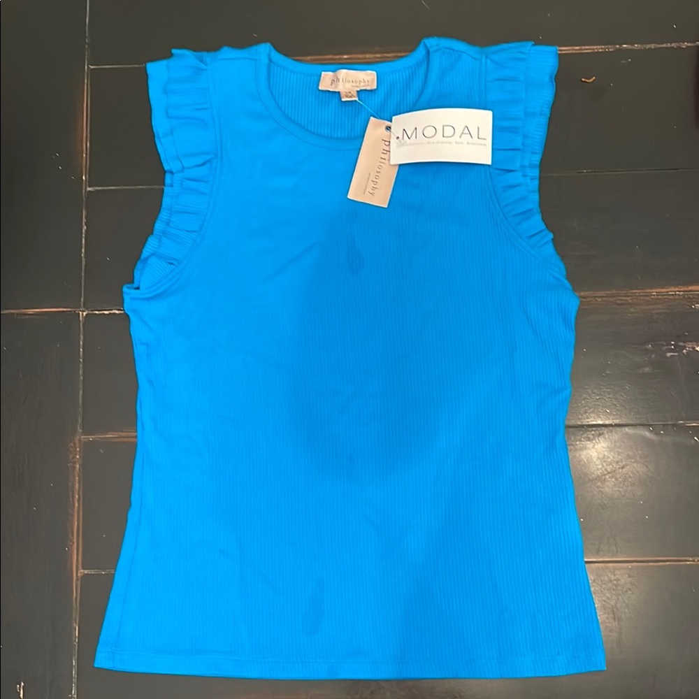 Philosophy Blue Ribbed Ruffle Tee